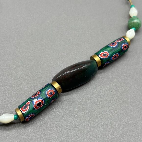 Vintage Millefiori Glass Aventurine Bloodstone Brass Bead Necklace 16" 70s Boho - Picture 8 of 8